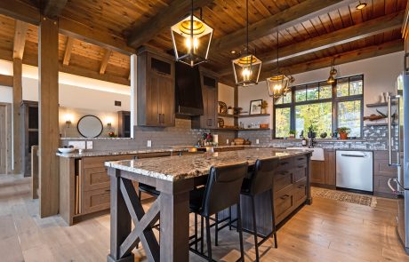 Kitchen with wood cabinets and center island.