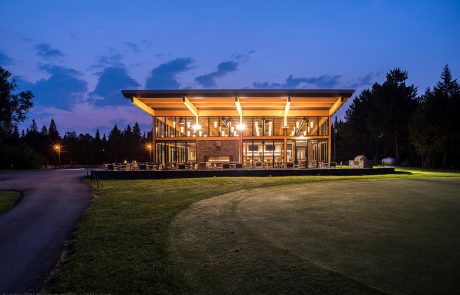 Falcon Lake Golf Course Clubhouse exterior at night